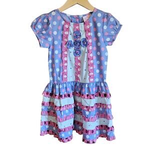 NWOT CR Kids Girls Blue Pink Polka Dot Tiered Ruffle Dress Rosette Bib Detail 5T